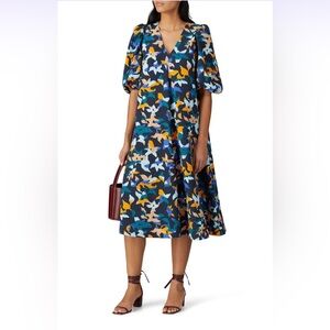 STINE GOYA Orange and Blue Puff Sleeve Midi Sundress